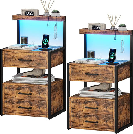 with Charging Station and LED Lights, LED Night Stand with 2 USB Ports and 2 AC Outlets, Modern End Table with 3 Drawers, Bedside Table with Open Storage for Bedroom, White