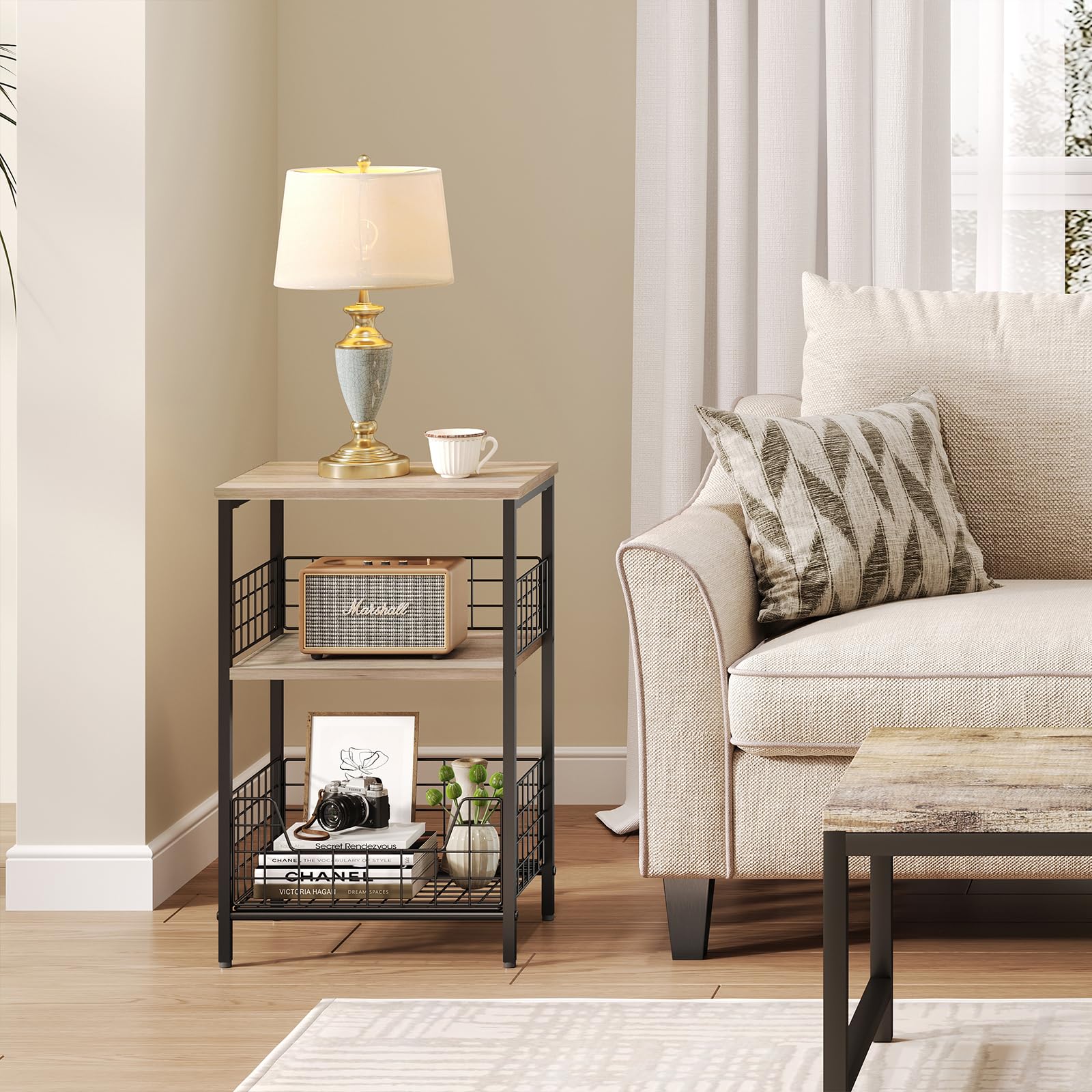 Side Table, Small End Table Record Player Stand with Storage, Vinyl Record Storage Night