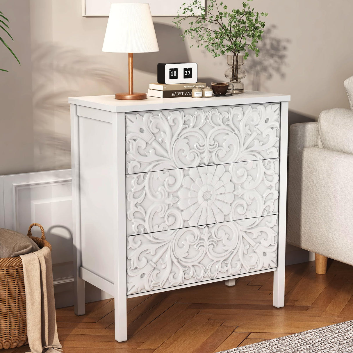 3-Drawer Dresser Chest, Modern Wooden Flower Motif Dresser with Wide Storage Space