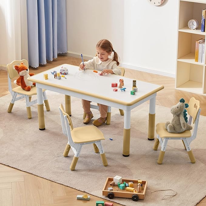 Toddler Table and Chairs Set for 4, 47.2''L x 23.6''W Kids Study Table and Chair Set,