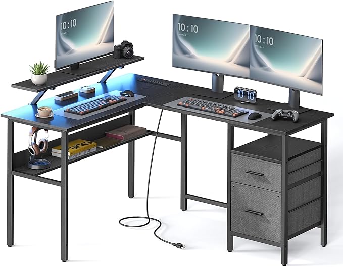 L-Shaped Desk with Power Outlets, Computer Desk with Monitor Stand, Corner Desk