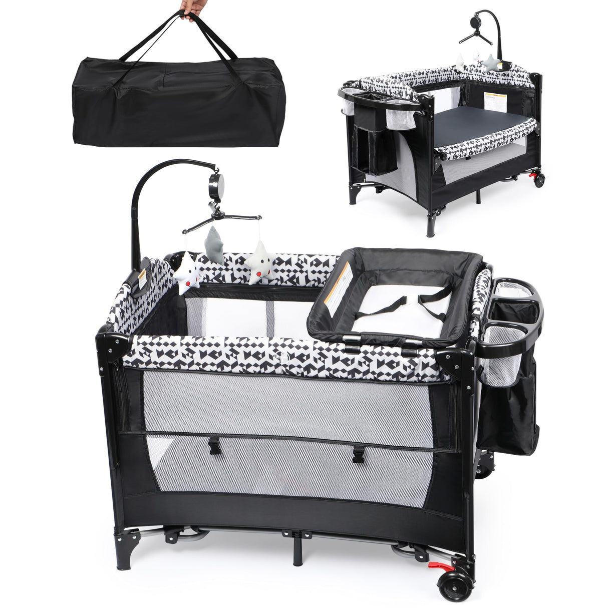 3 in 1 Baby Bassinet Bedside Sleeper with Mattress and Wheels, 5 Height Adjustable Bed