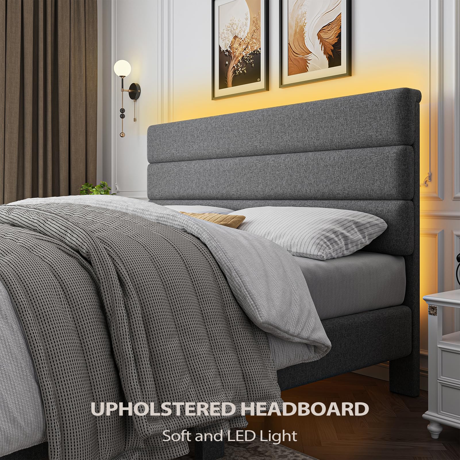 King Size Upholstered Platform Bed Frame with LED Lights