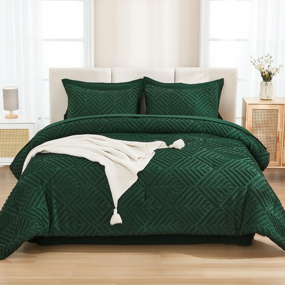 King Size Comforter Set 7 Pieces Dark Emerald Green - Bed in a Bag King Boho Lightweight