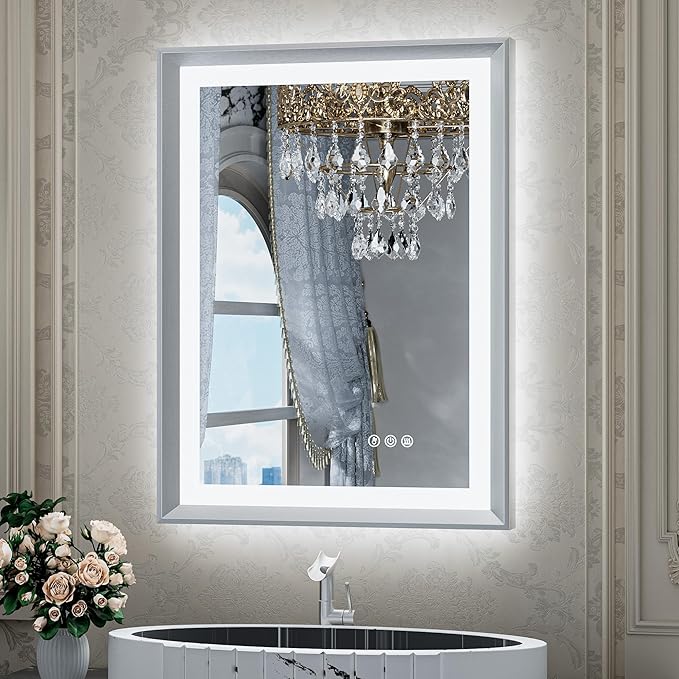 Black LED Bathroom Mirror with Lights 24x36 Front & Back Light Vanity Framed Mirror