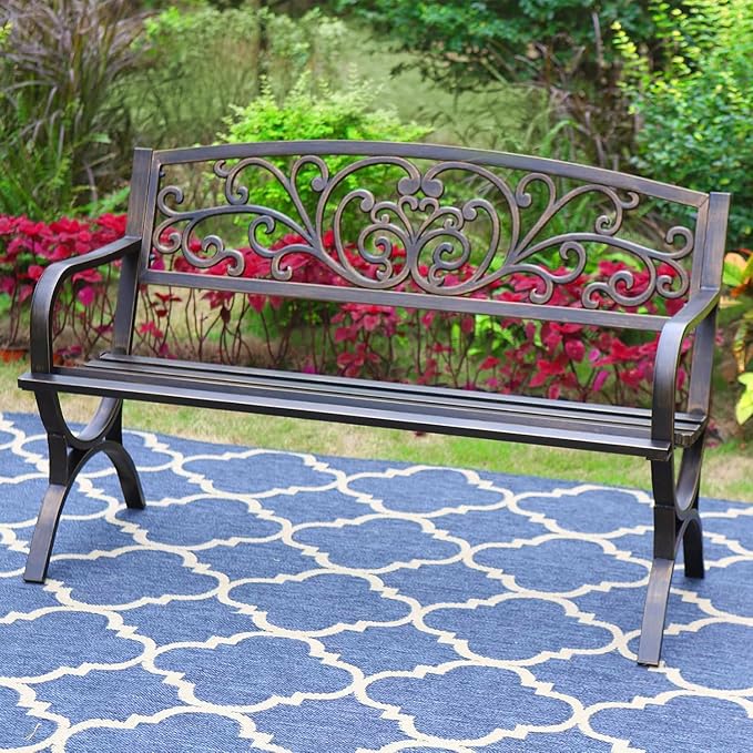 Outdoor Garden Bench, 48” Long Metal Steel Bench with Backrest and Armrests