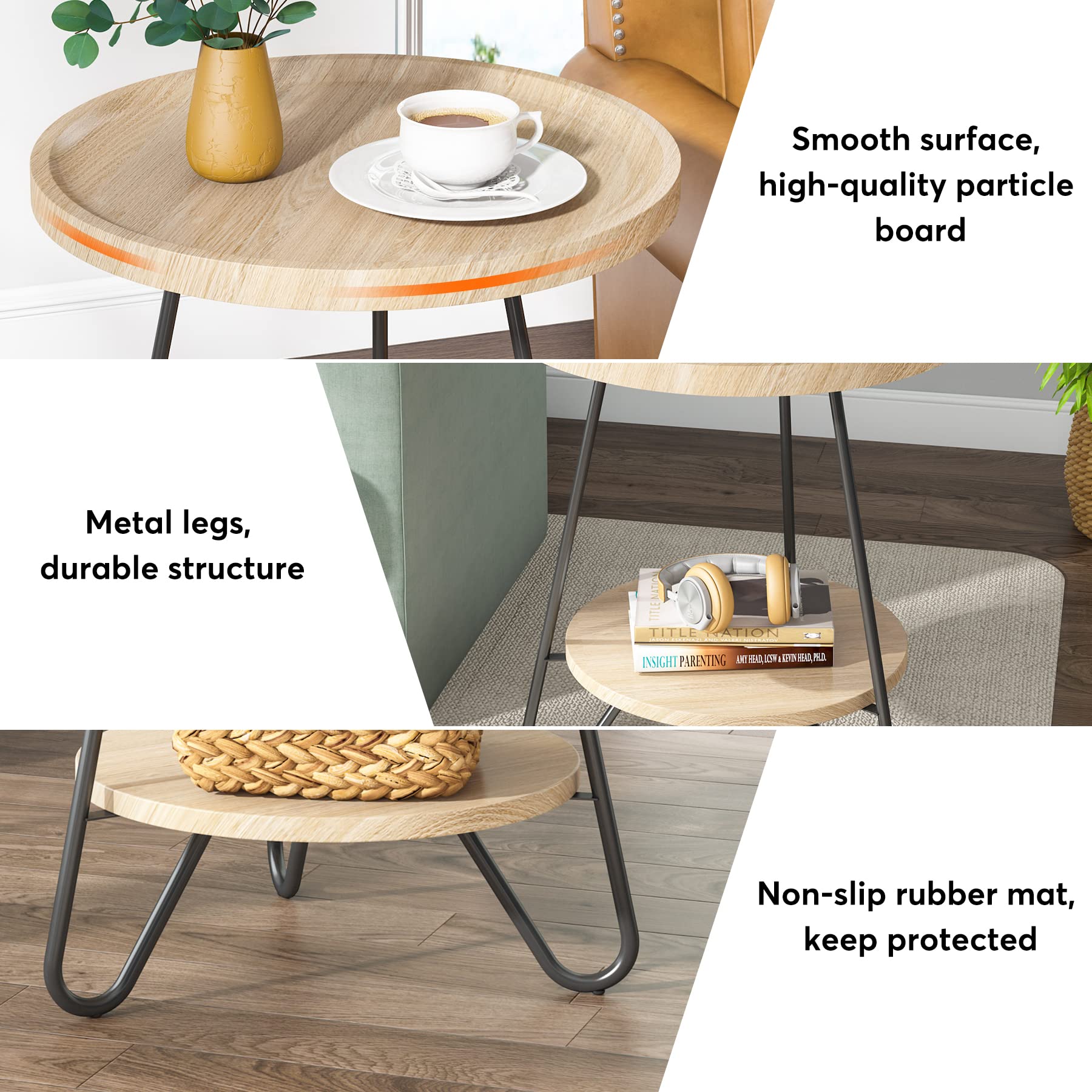 Set of 2 Round Side Table, 2-Tier End Table with Metal Legs
