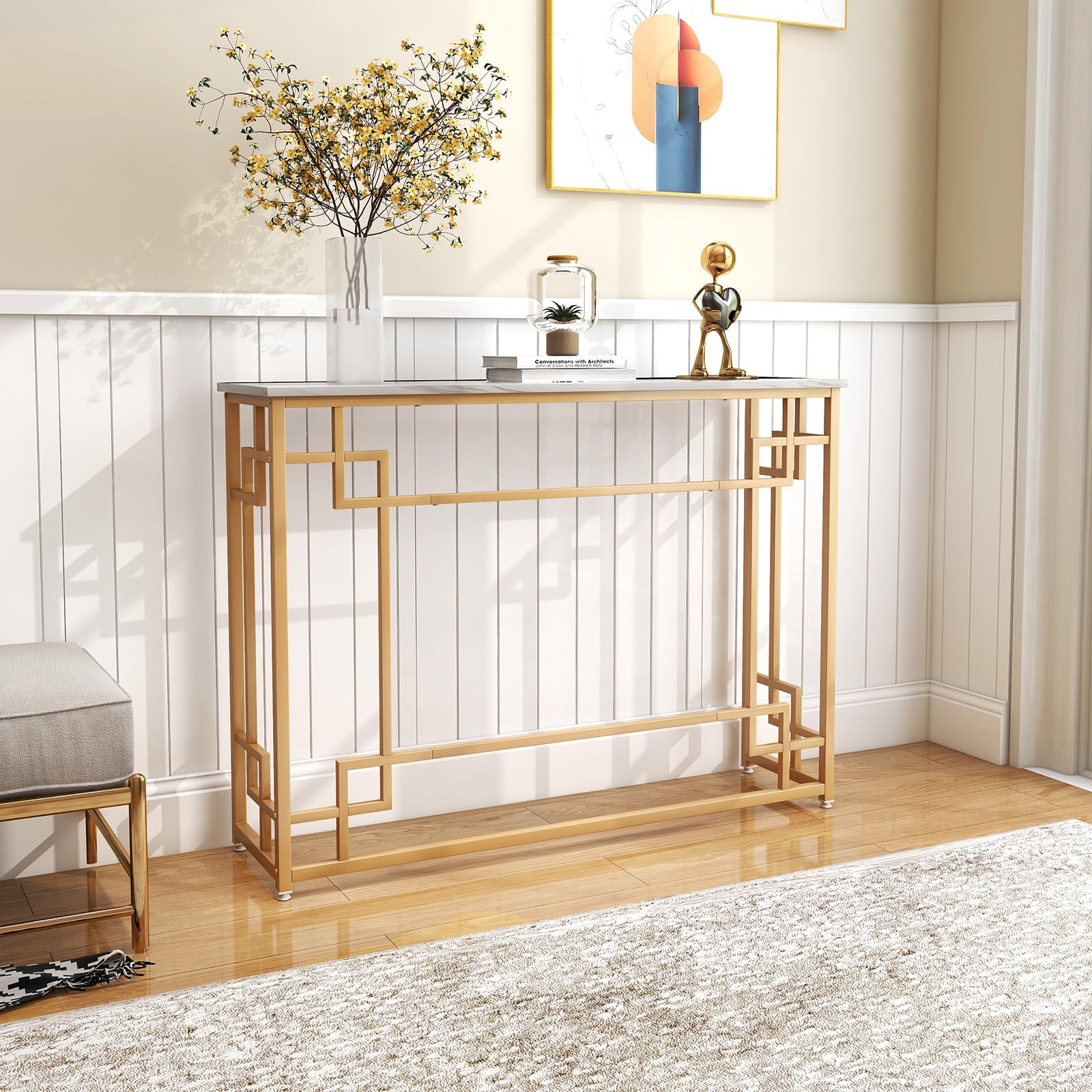 43.5" Modern Console Table, Narrow Entryway Table with Geometric Golden Frame & White Faux Marble Tabletop,