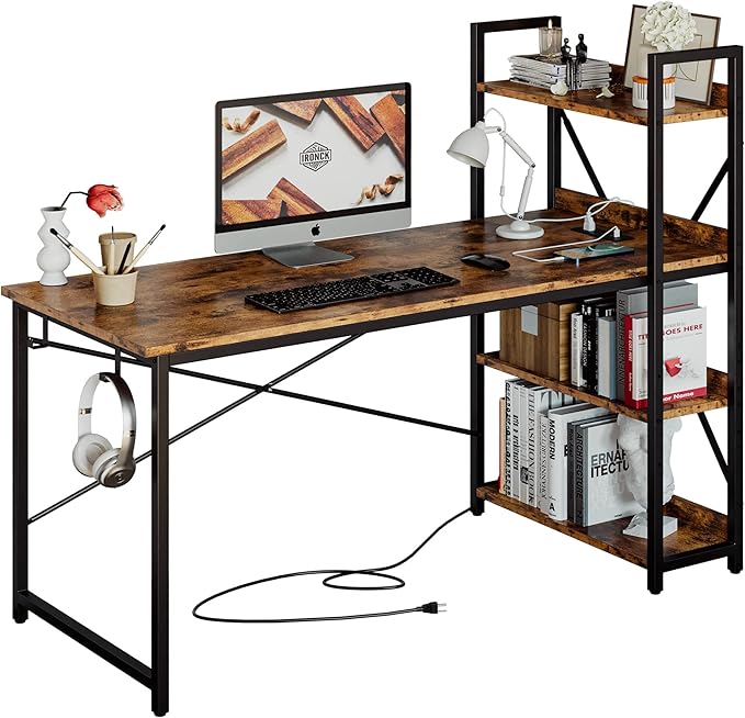 Computer Desk 47" with Power Outlet and Storage Shelves, Study Writing Table with USB Ports Charging Station, PC Desk Workstation for Home Office, Rustic Brown