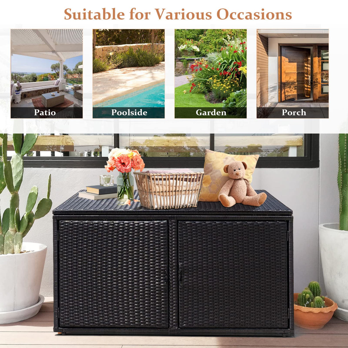 Deck Box Outdoor Patio Pool Storage Box Outside Rattan Wicker Toy Storage Bin Cabinet