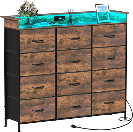 9Black Dresser with LED Light 12 Drawers Dresser with Charging Station Dresser