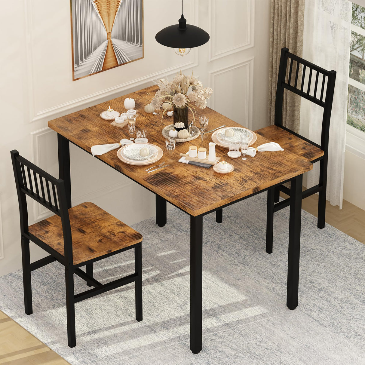 Small Kitchen Table Set for 2, Industrial Dining Breakfast Table and 2 Chairs