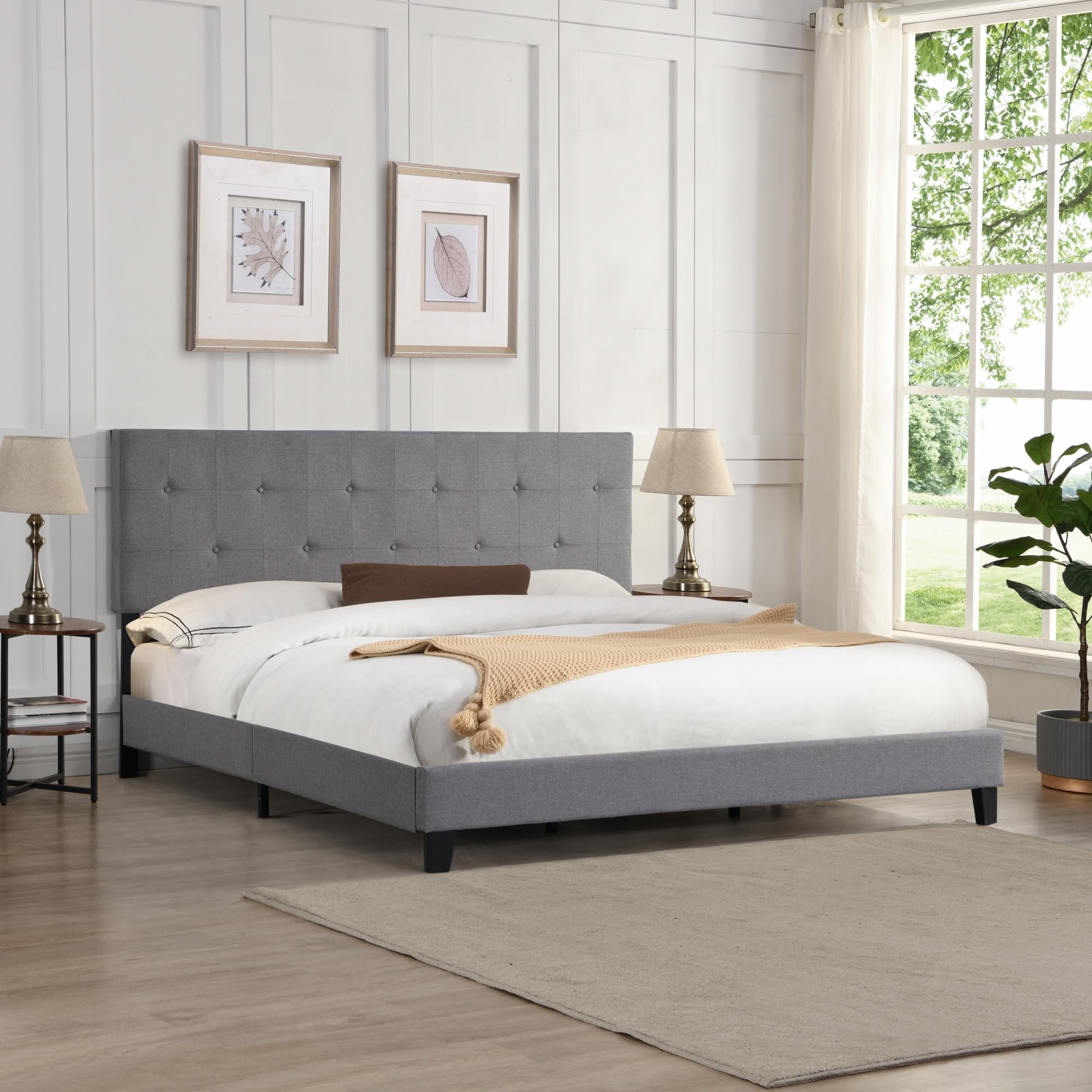 Extra Large Fabric Platform Bed Frame with Button Tufted Linen Headboard