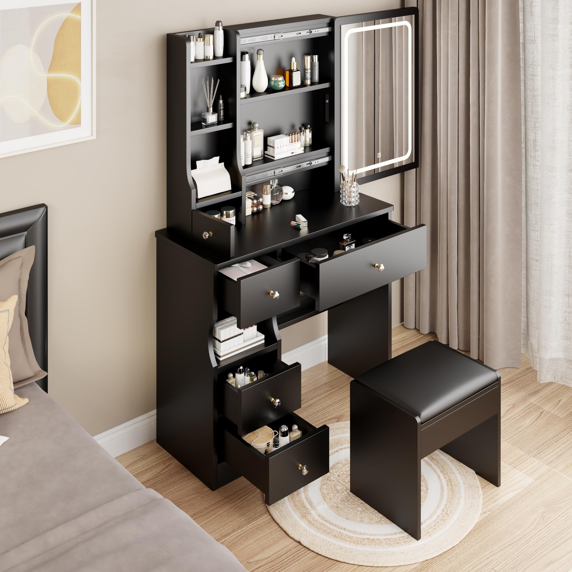 Desk with Sliding Mirror and Lights, Small Vanity Table with 5 Drawers & Cushioned Stool,