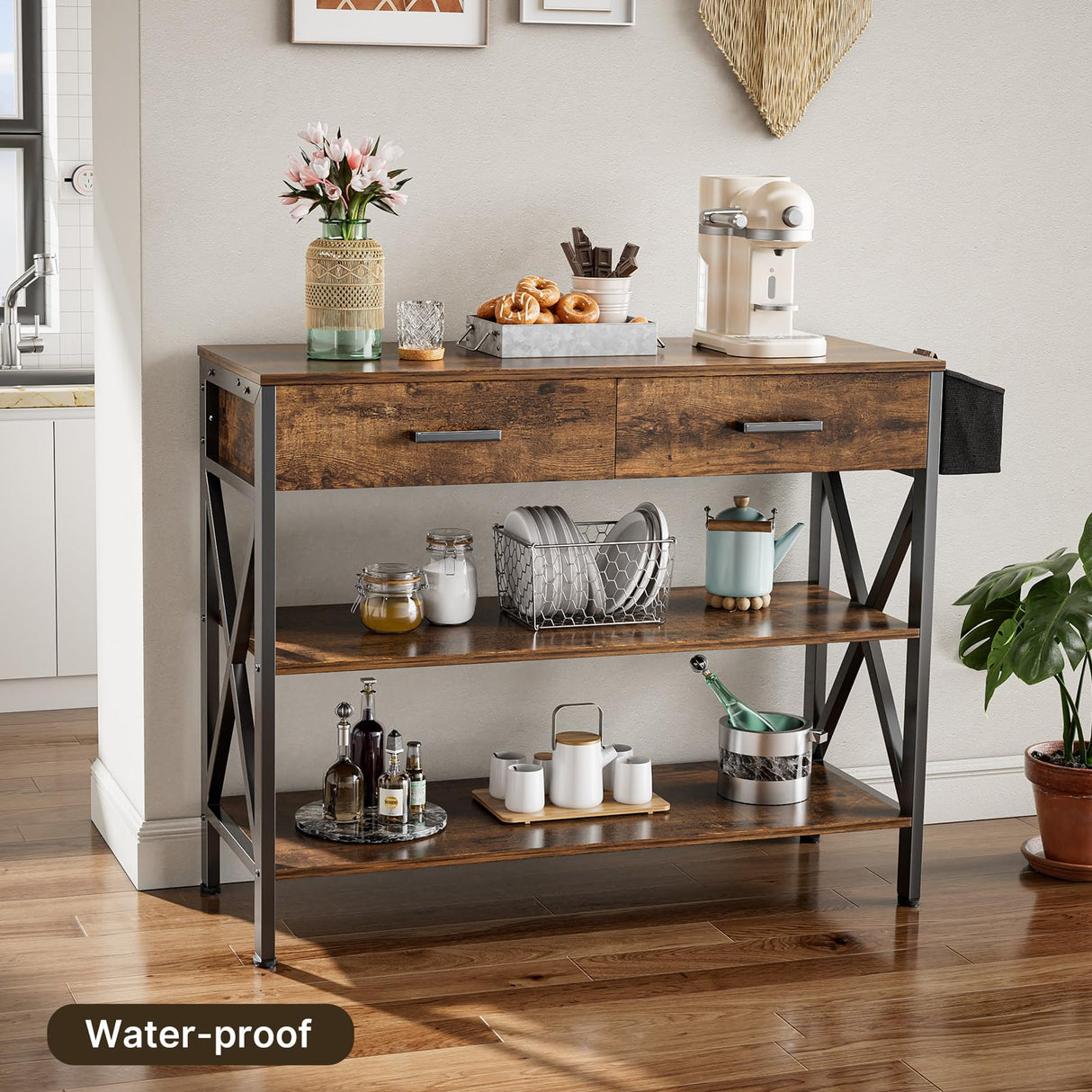 39" Console Table with 2 drawers, Industrial Entryway Table with 3 Tier Storage Shelves,