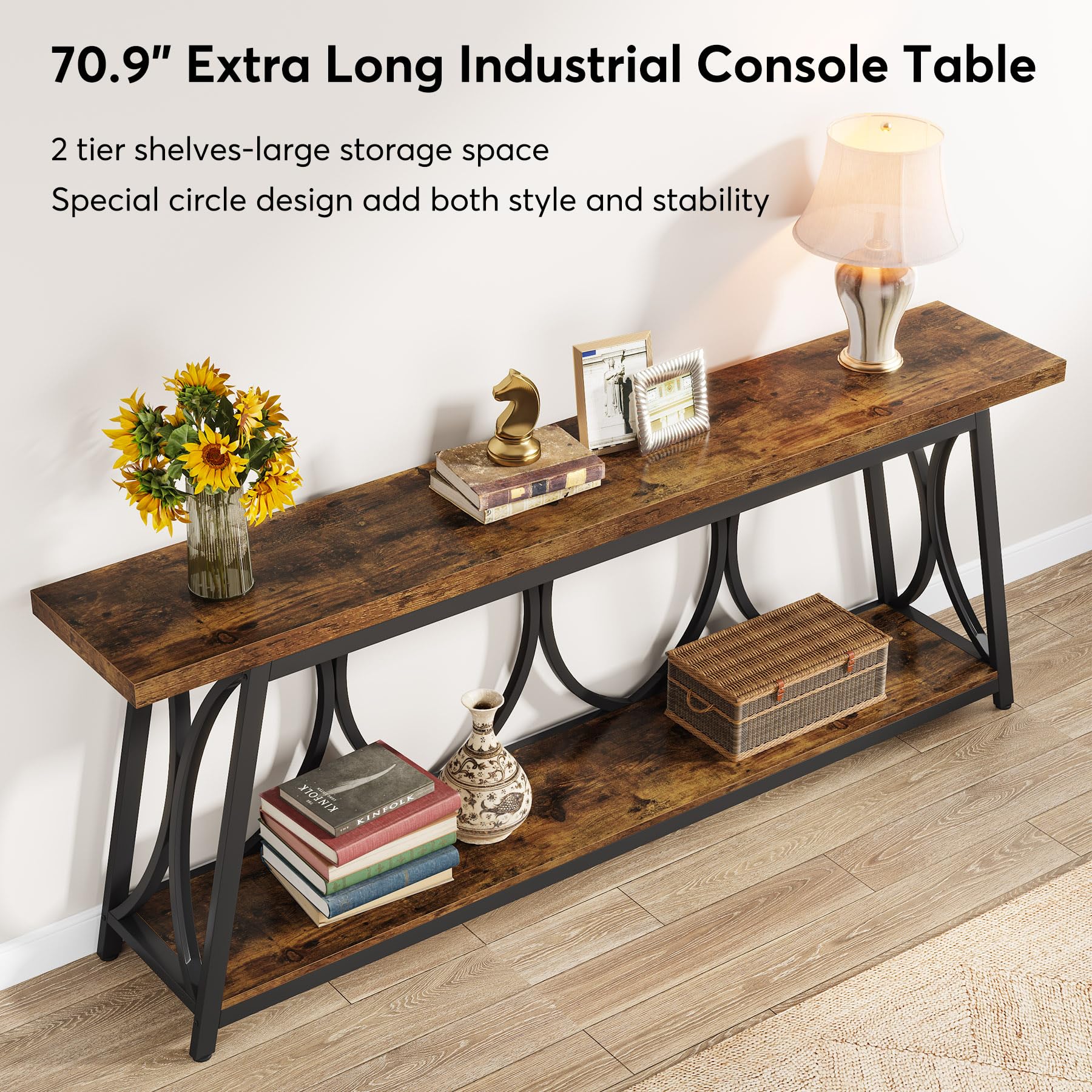 70.9 inch Extra Long Console Table, Industrial Sofa Table Behind Couch with 2 Tier Storage Shelf