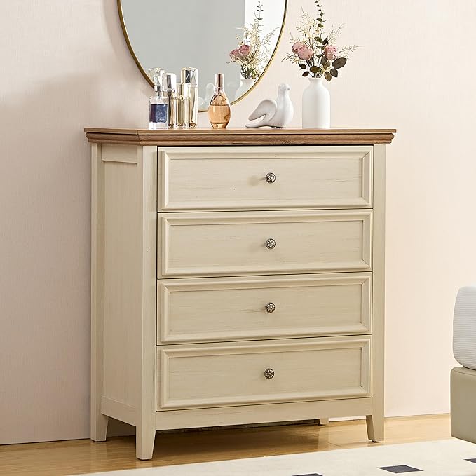 White Dresser for Bedroom, 4 Chest of Drawers, Wooden Dressers Tall Nightstand