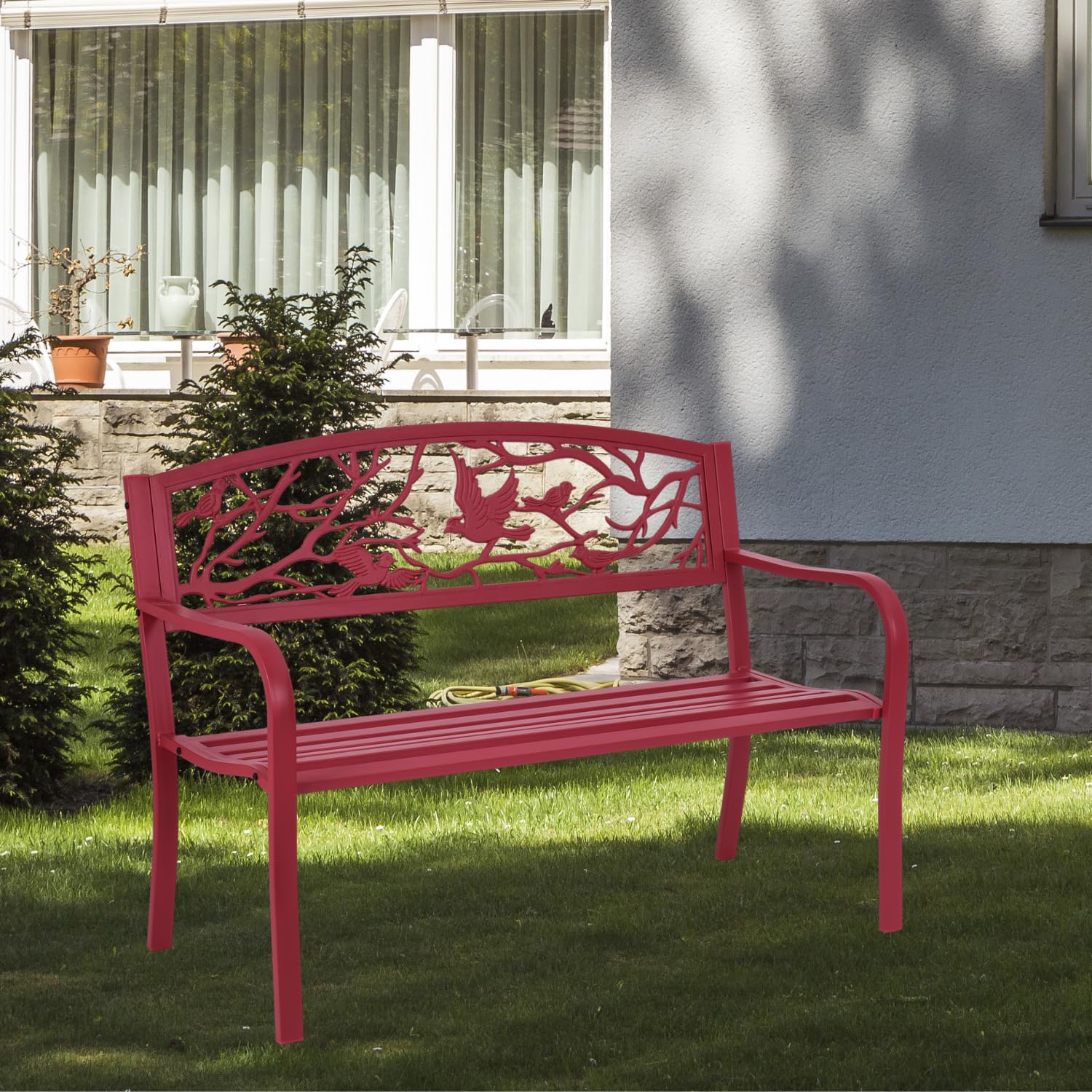 50”Outdoor Bench with Cast Iron Backrest & Ergonomic Armrest