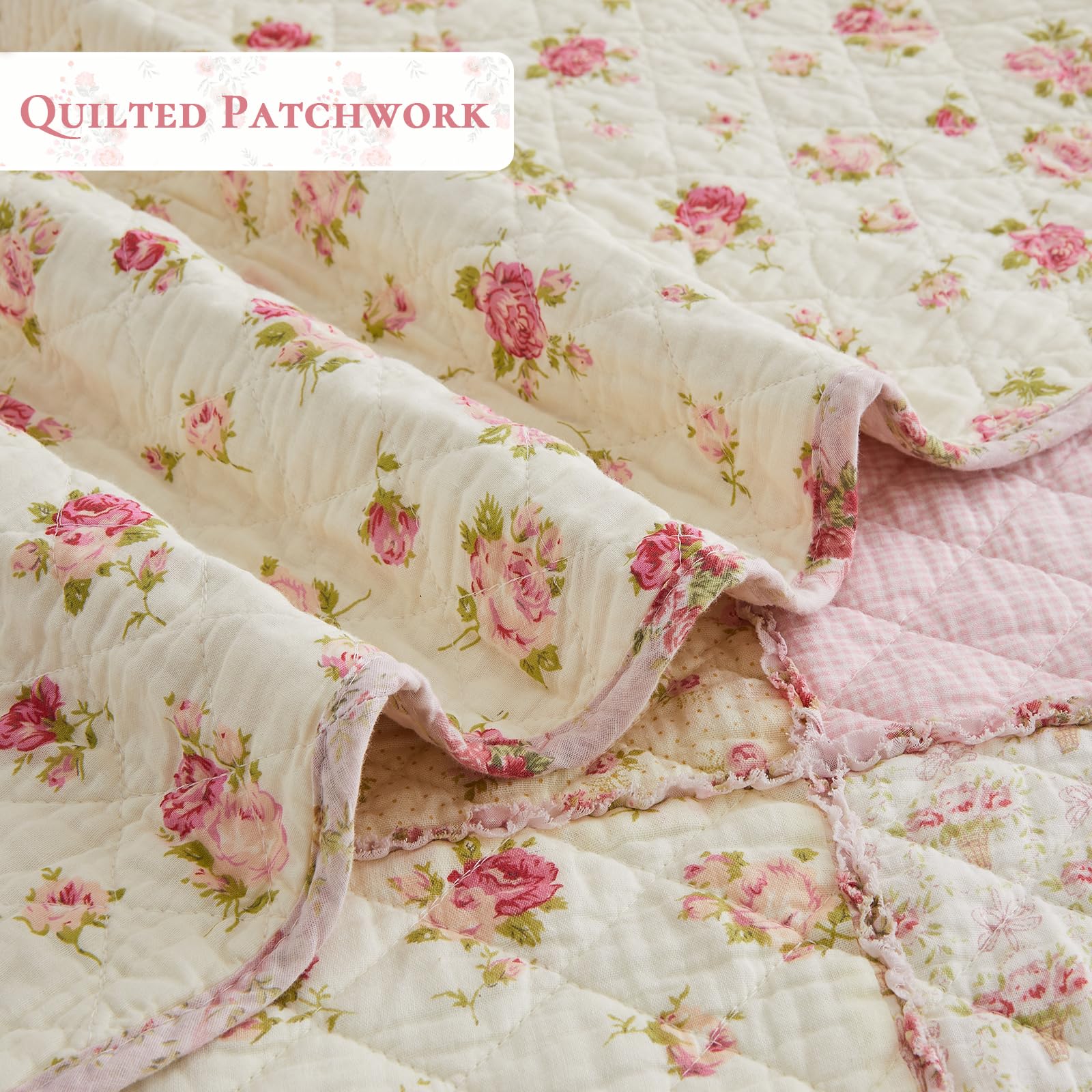 Queen Size Quilt Set 3-Piece Cotton Patchwork Floral Bedding