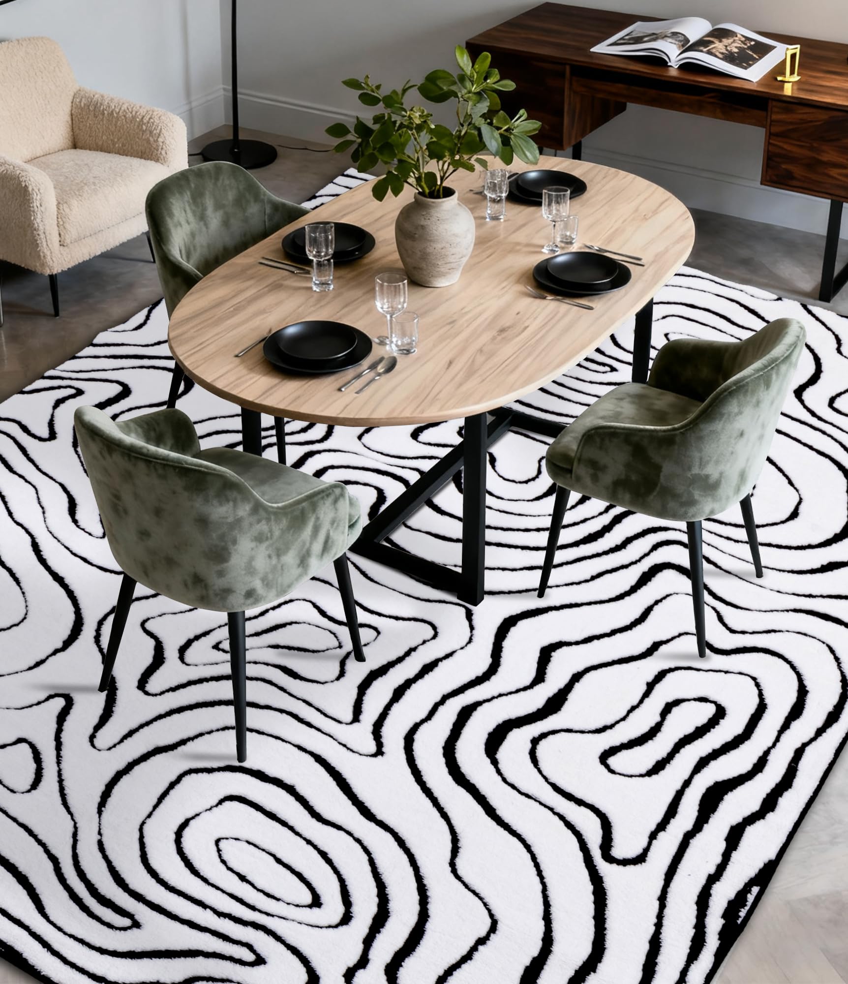 YIHOUSE Modern Rugs for Living Room 6x9, Washable Black and White Bedroom Rug, Fluffy Geometric Dining Room Rugs for Under Table Home Decor