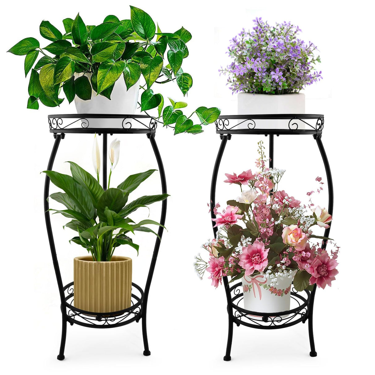 2 Pack Plant Stand Indoor Outdoor, 2 Tier Tall Black Metal Rustproof Stable