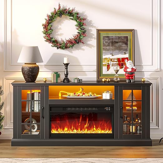 White Fireplace TV Stand with LED Lights & Power Outlets - 65 Inch