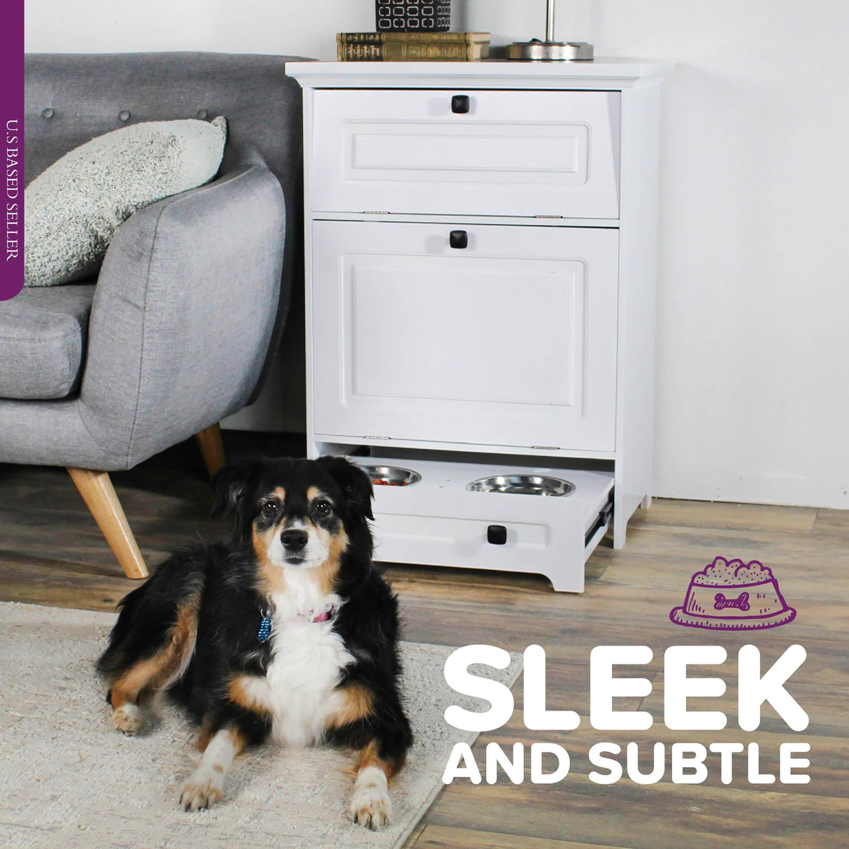 Raised Dog Bowl Stand with Food Storage Cabinet - White Pet Feeding Station