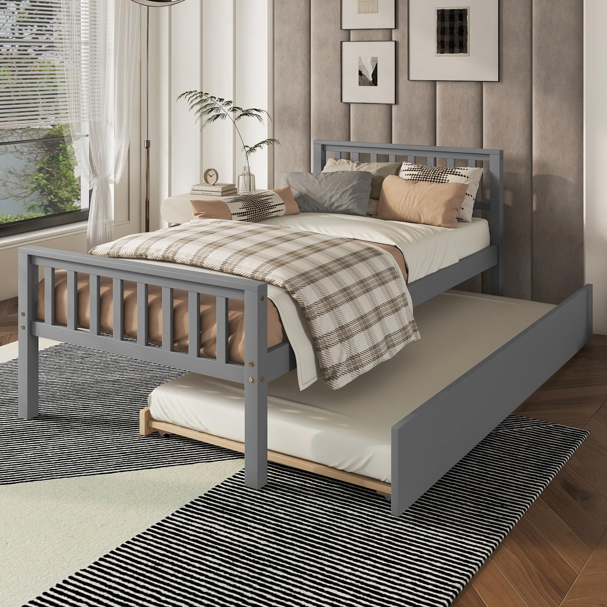 Wood Platform Bed Frame with Headboard and Footboard, Twin Bed Frame with Trundle