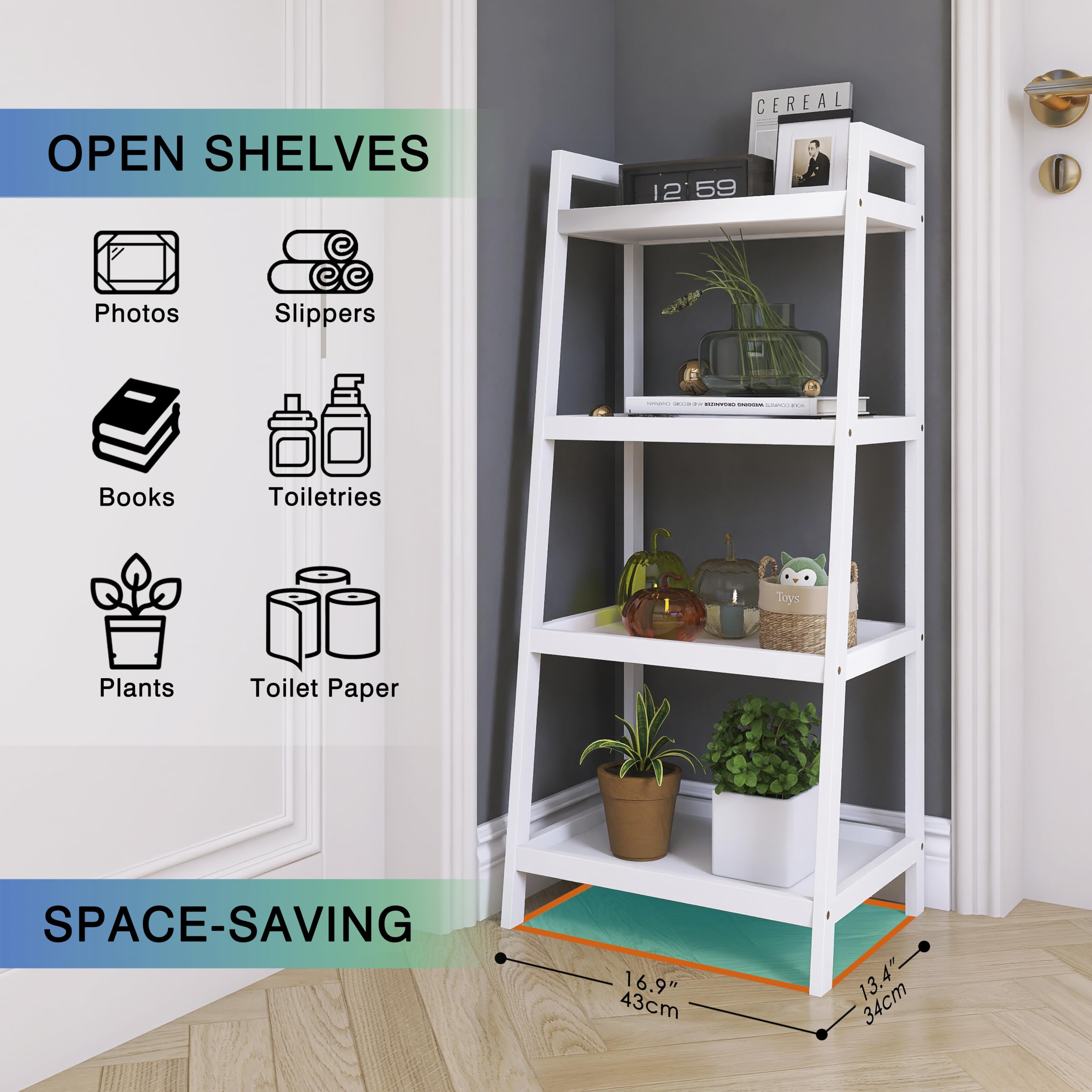 Ladder Shelf, 4 Tier Bamboo Bookshelf, Bathroom Storage Organizer Plant Display Stand, Freestanding Open Shelving Unit with Handles for Home Office (White)