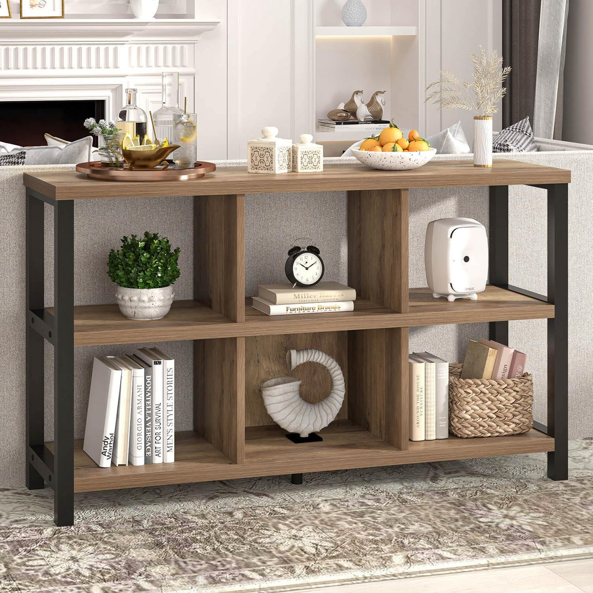 6 Cube Storage Organizer with Shelf, Industrial Horizontal Bookshelf, Low Cubby Bookcase for Living Room