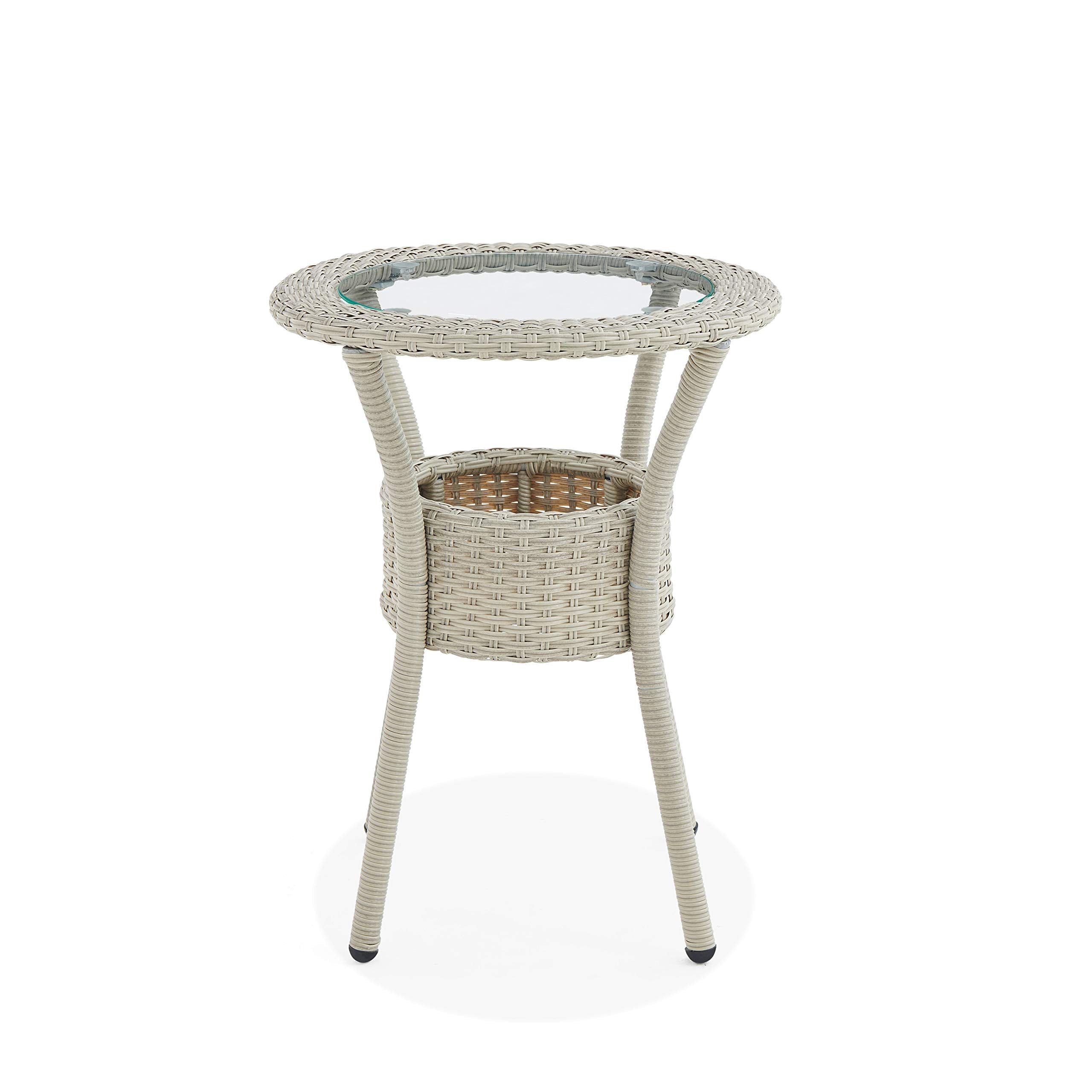 All-Weather Wicker Outdoor Round Glass-Top Accent Table with Storage