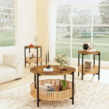 3 Pieces Coffee Table Set for Living Room, 2 Tier Round Rattan Coffee End Side Table