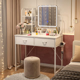 White Vanity Desk with Mirror and Lights, Small Makeup Vanity Desk with Fabric Drawers & Power Outle