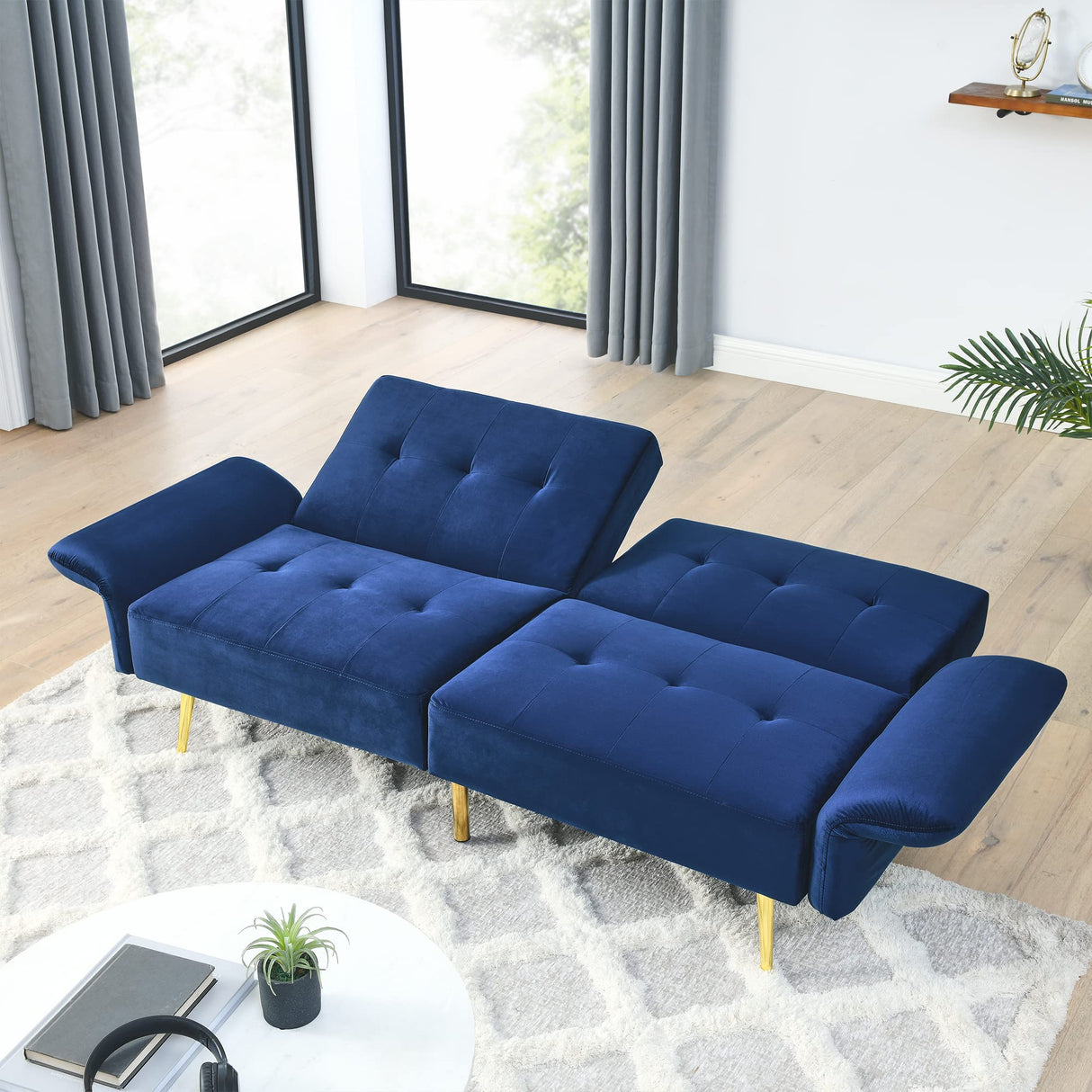 78" Italian Velvet Futon Sofa Bed with Storage Bags Folded Armrests,Convertible Sleeper