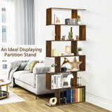 6 Tier S Shaped Bookshelf, 31.5''L x 9''W x 75''H, Wooden Bookcase and Bookshelves w/Anti-Toppling Device, Room Divider Display Shelves for Living Room, Home Decor, 6 Shelf Bookshelf