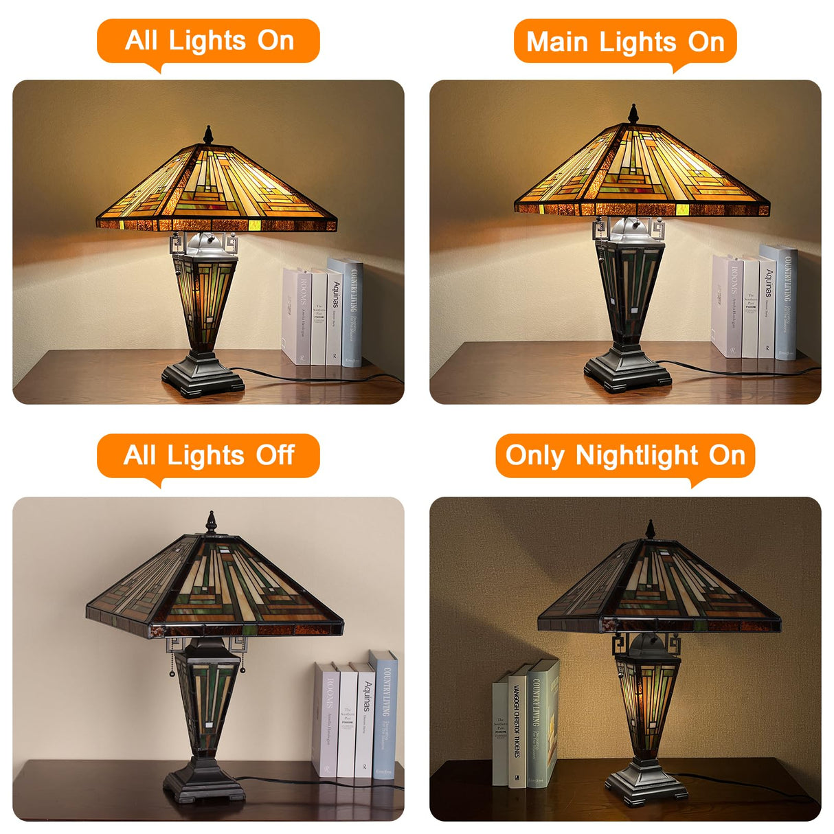 Capulina Tiffany Lamp Stained Glass Table Lamp 3-Light 16X16X24 Inches Mother-Daughter Vase Amber Brown Mission Tiffany Style Desk Reading Lamp for Living Room Bedroom Study Home Office