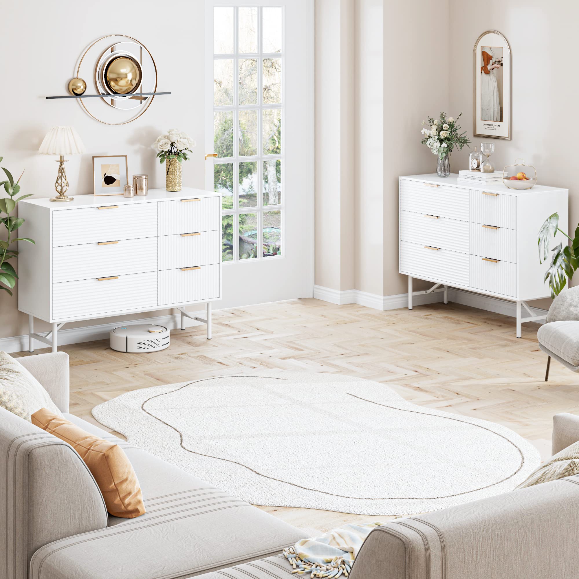 White Dresser, 6 Drawer Double Dresser with Deep Drawers and Metal Handles