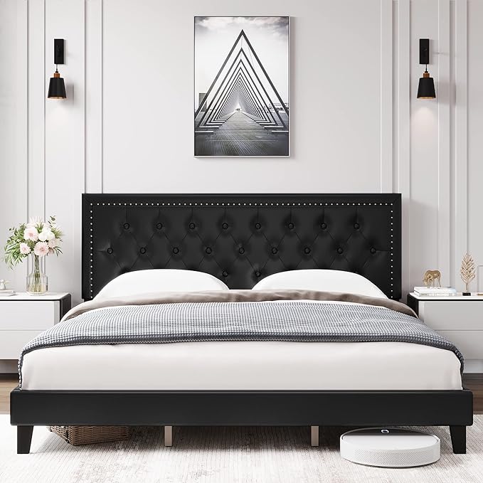 Full Size Bed Frame with Tufted Faux Leather Headboard, Upholstered Platform Bed