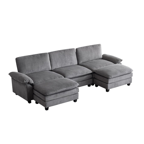 Sectional Sofa Modular Deep Seat Sofa Couch with Ottoman, Corduroy Sofa Sleeper Comfy Upholstered Furniture for Living Room, Apartment, Studio, Office, (3-Seat & 2-Ottoman, Gray)