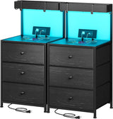 Tall Nightstand Set of 2 with Charging Station and Led Lights Nightstand