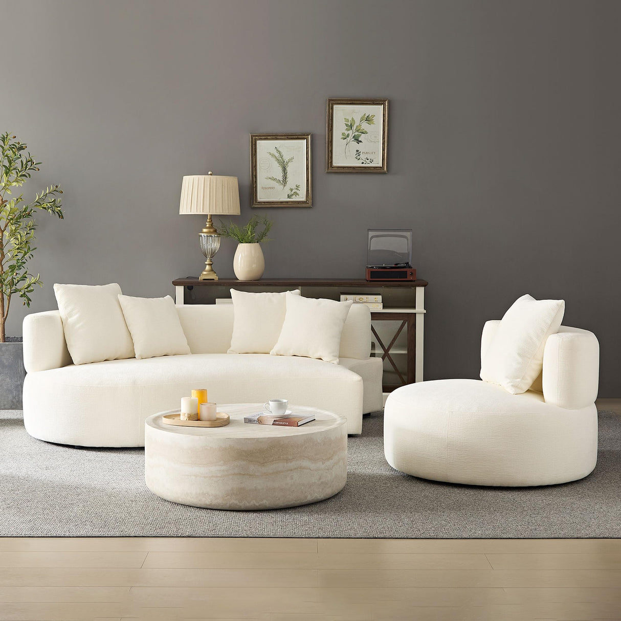 110.23" Curved Sofa with 360 Swivel Arm Chair - Modern Upholstery Boucle 3 Seat Couch