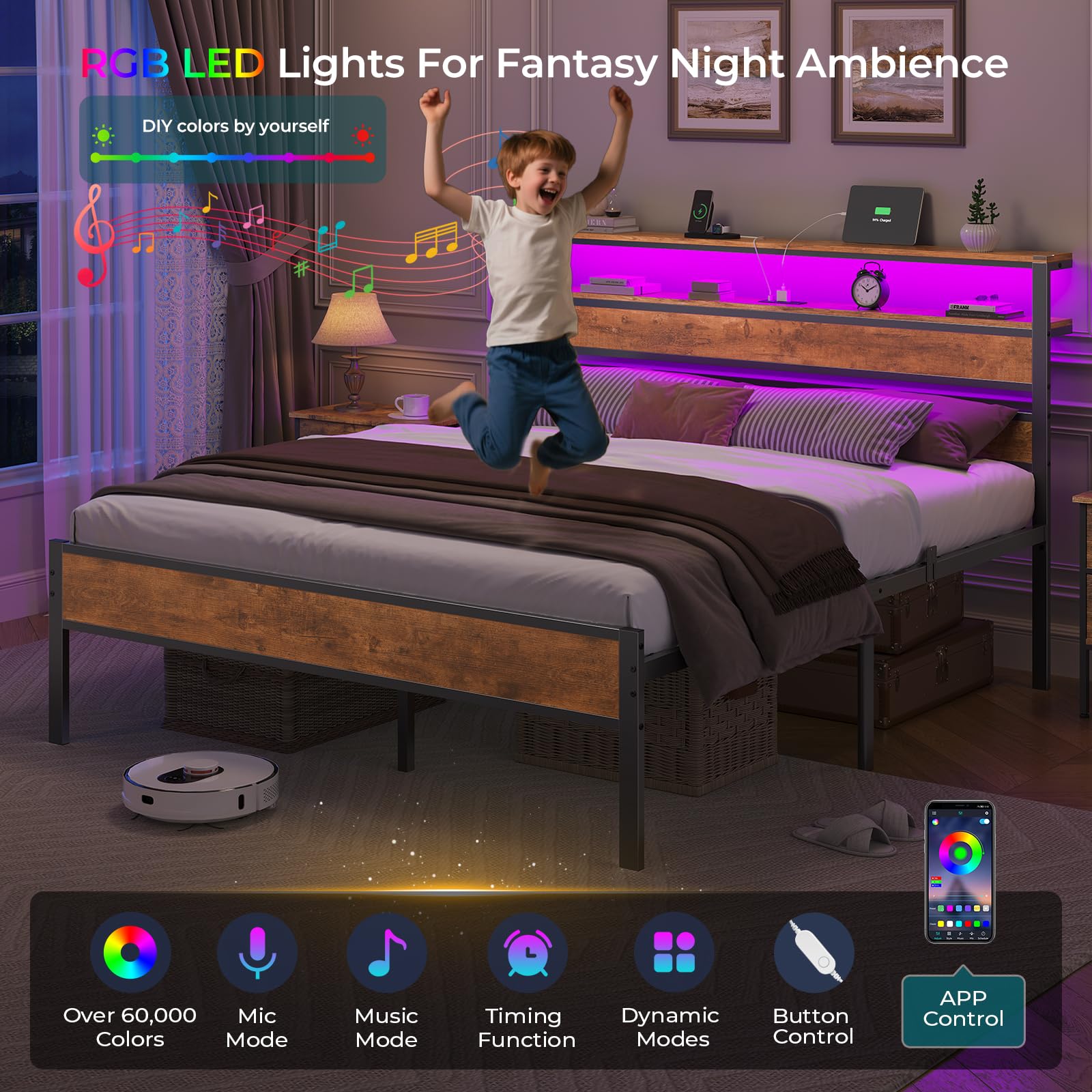 Full Bed Frame with LED Lights & Charging Station