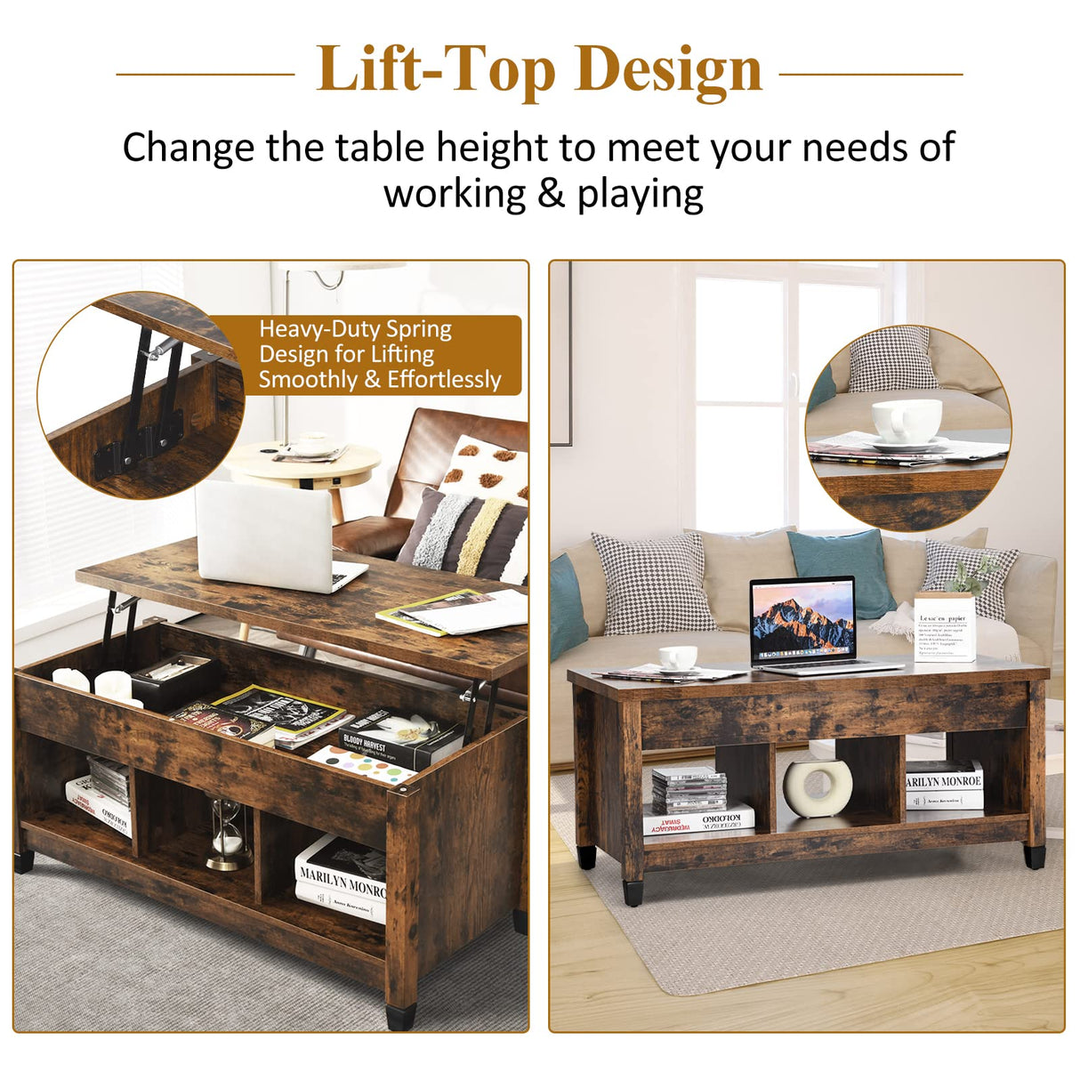 Wood Lift Top Modern Coffee Table w/Hidden Compartment and Open Storage Shelf