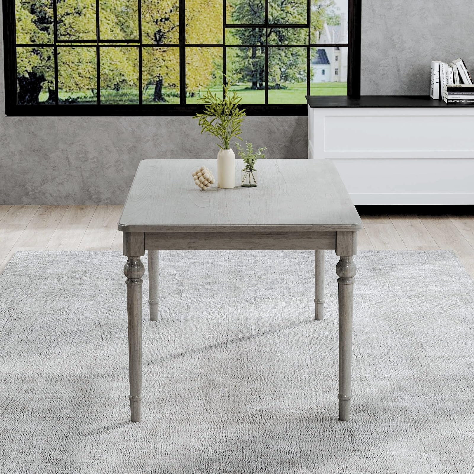 Table for 4-6 People, Rustic Solid Wood Rectangular Kitchen Table with Turned Legs