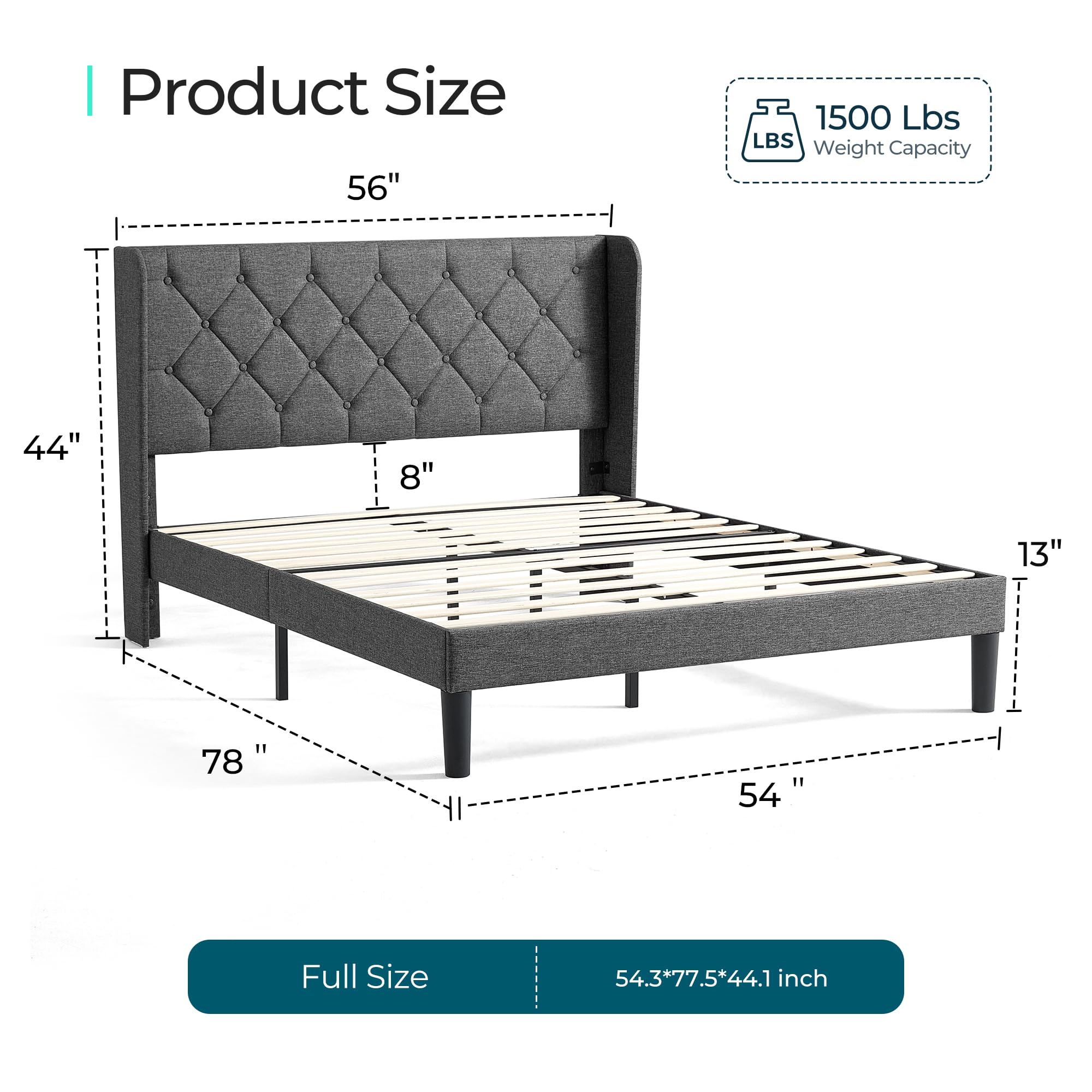 Full Size Bed Frame with Headboard, Linen Upholstered Bed Frame with Solid Wooden Slats Support,