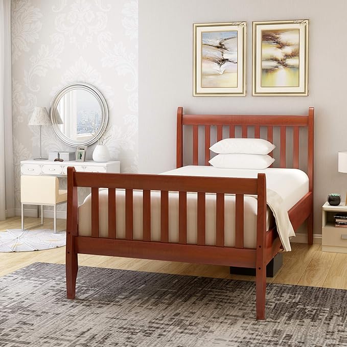 Twin Solid Wood Platform Bed with Headboard and Footboard, Wooden Slats