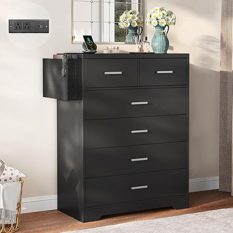 6 Drawer Dresser for Bedroom with Charging Station, Modern Chest of Drawers for Closet,