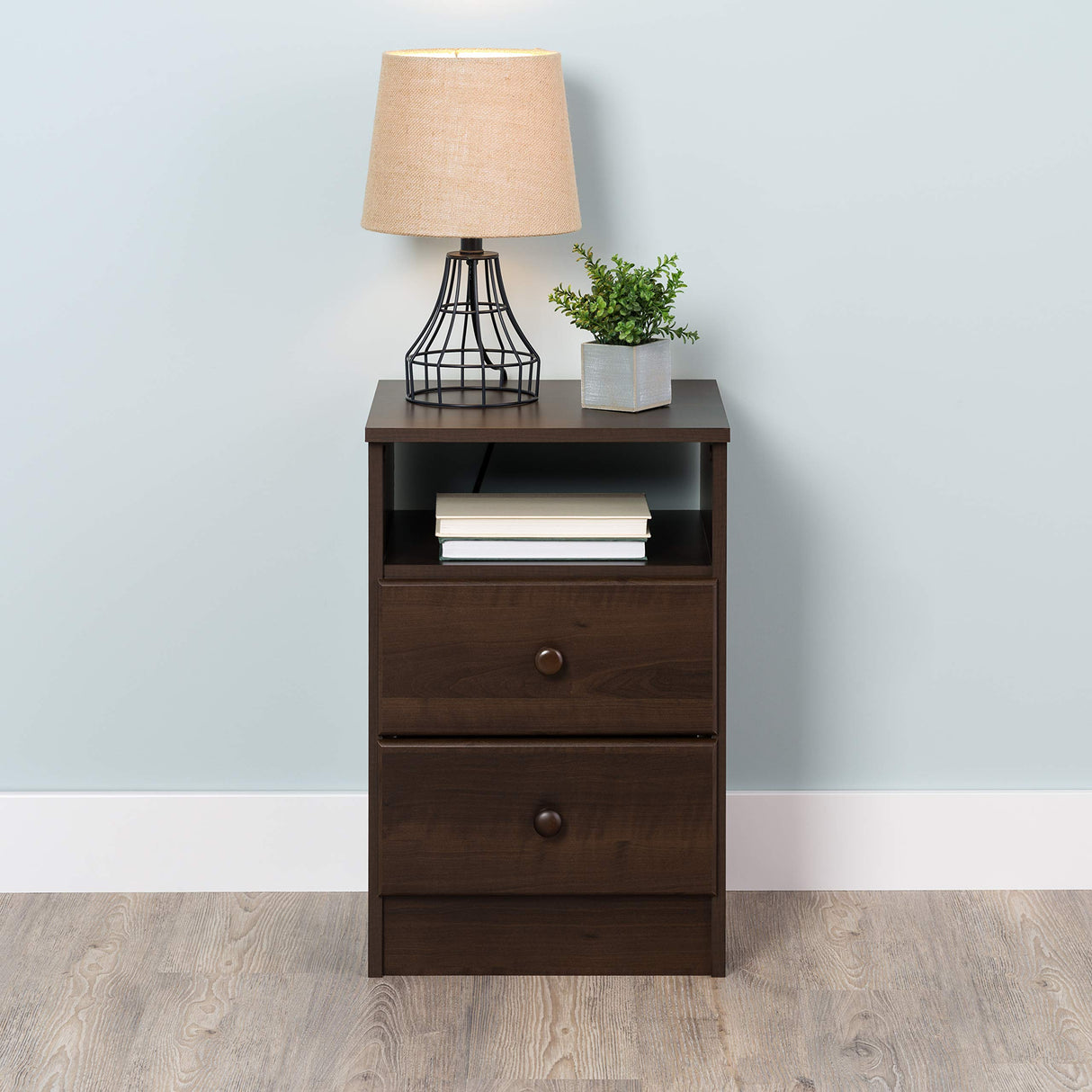 Astrid Simplistic Nightstand Side Table with 2 Drawers and Open Shelf,