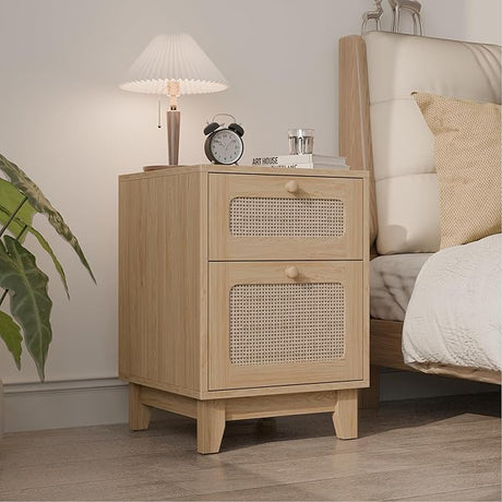 Modern Rattan Nightstand Set of 2, Wicker Rattan Stand with Drawer and Charge Station