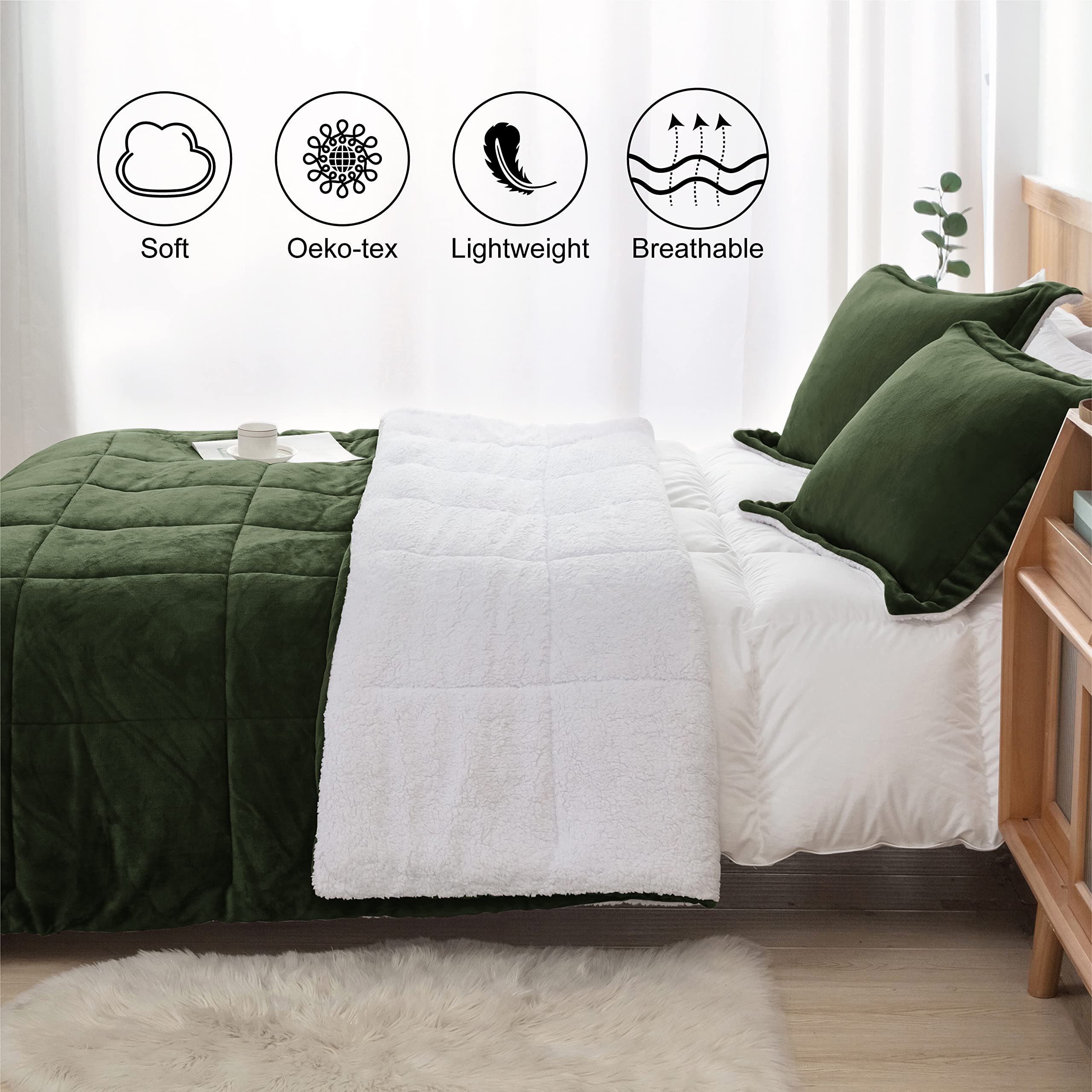 Olive Green Sherpa Comforter Set Full Queen Size, Soft All Season Down Alternative